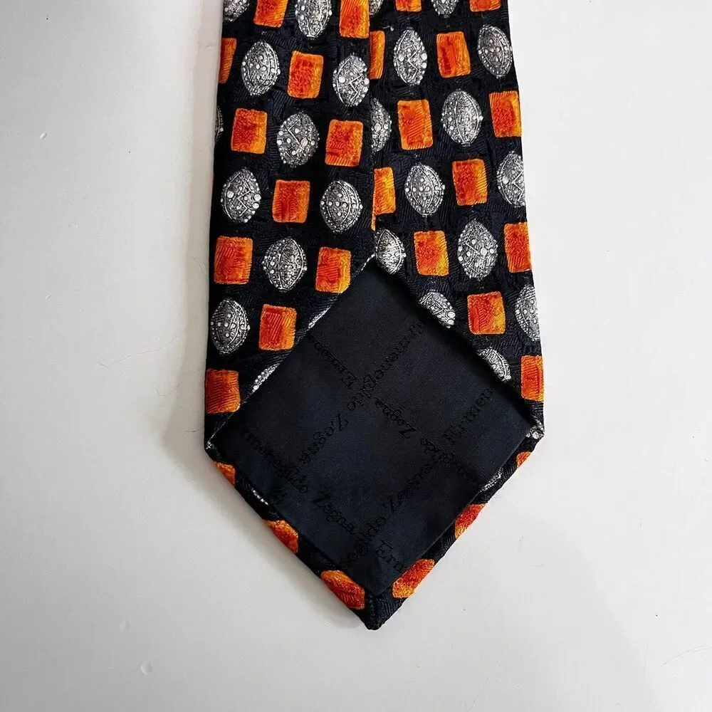 Ermenegildo Zegna 100% Silk Tie Black Orange Print Made in Italy Men's